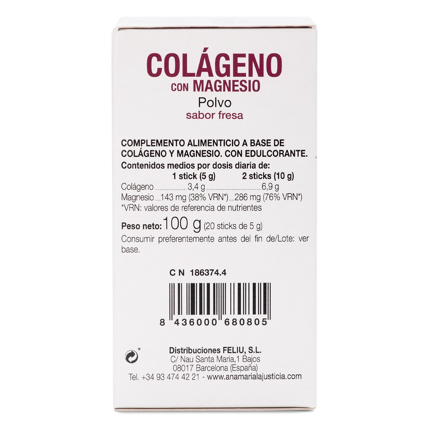 Colágeno con Magnesio – Fresa, 20 sticks